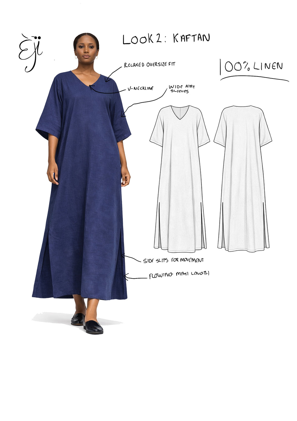 Woman wearing a blue kaftan with design sketches on a white background